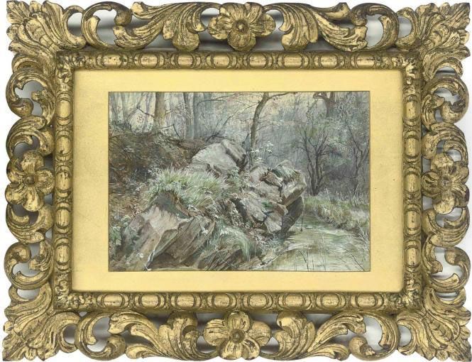 A Kingfisher Flying Over A Stream In A Wooded Landscape Oil Painting by Charles Napier Hemy