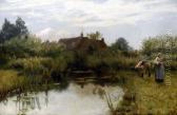 Gathering Reeds By The River, A Summer Landscape With Figures, Farmhouse Beyond Oil Painting by Charles Napier Hemy