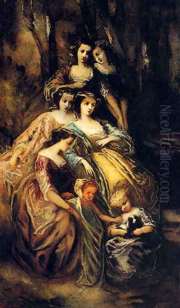 Empress Eugenie And Her Attendants Oil Painting by Adolphe Joseph Thomas Monticelli