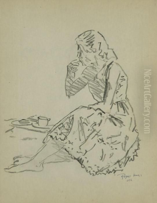 Seated Girl With Bare Feet And Coffee Cup At Her Side Oil Painting by Robert Henri