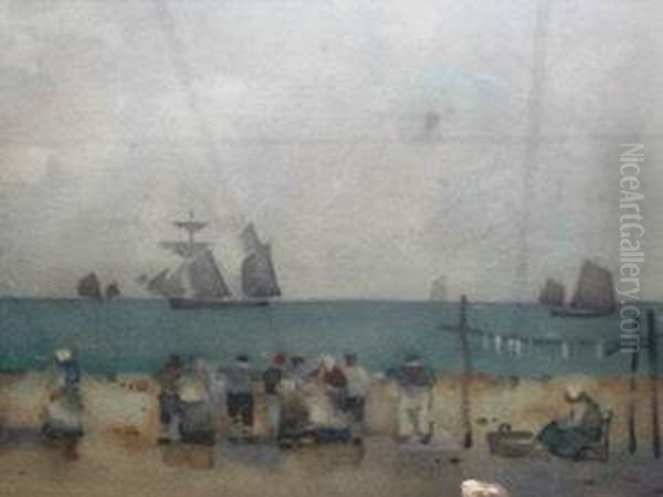 Fisherfolk And Smokies By A Harbour Wall Oil Painting by James Watterston Herald