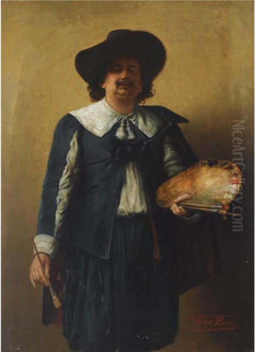 A Selfportrait Of The Artist, 
Standing Three Quarter Length, Wearing A 17th Century Style Costume Oil Painting by Leon Herbo