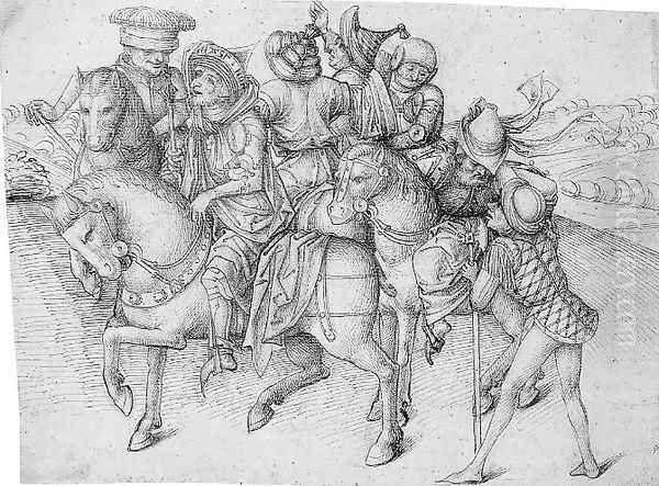 Group of Men on horseback: Study for a Crucifixtion Oil Painting by Nuremberg Master