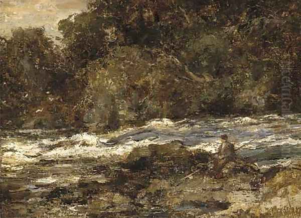 An angler on the bank of a rocky river Oil Painting by William Stewart MacGeorge