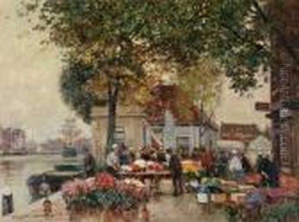 Blumenmarkt Am Kai Oil Painting by Heinrich Hermanns