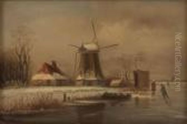Winterlandschaft Mit Muhlen Undeislaufern Oil Painting by Heinrich Hermanns