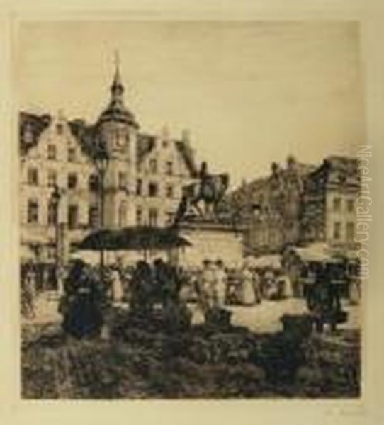 Dusseldorfer Marktplatz Mit 
Rathaus Und Dem Reiterstandbild Des Kurfursten Johann Wilhelm Oil Painting by Heinrich Hermanns