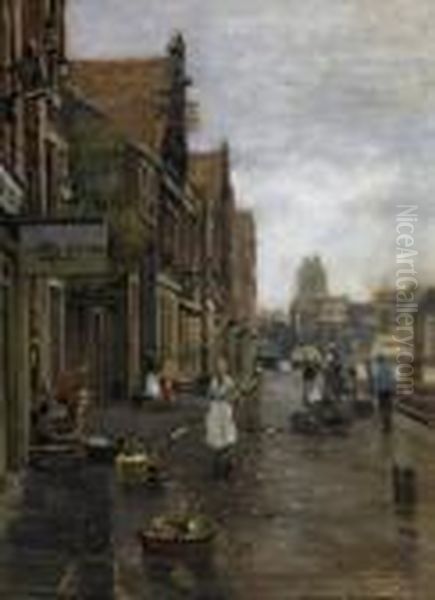 On The Fishmarket In Dordrecht. 
Signed Bottom Right: Heinrich Hermanns. Oil On Canvas. 81 X 60,5cm. 
Framed Oil Painting by Heinrich Hermanns