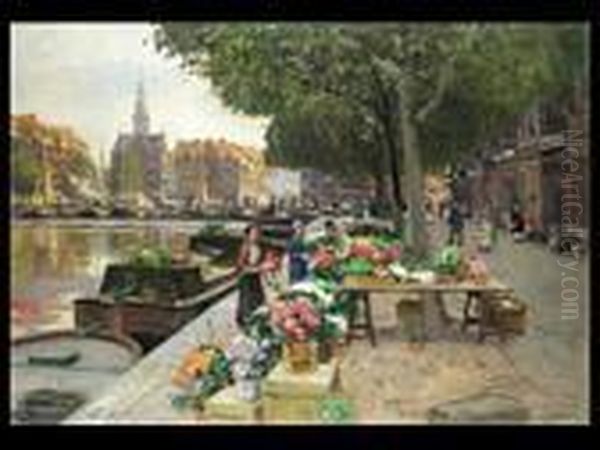 Blumenmarkt In
 Amsterdam Oil Painting by Heinrich Hermanns