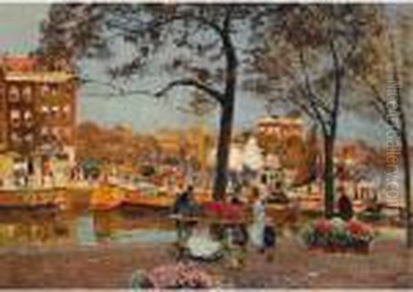 The Flower Market, Amsterdam Oil Painting by Heinrich Hermanns
