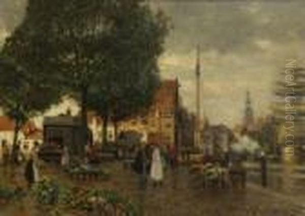 Hollandischer
 Blumenmarkt. Oil Painting by Heinrich Hermanns