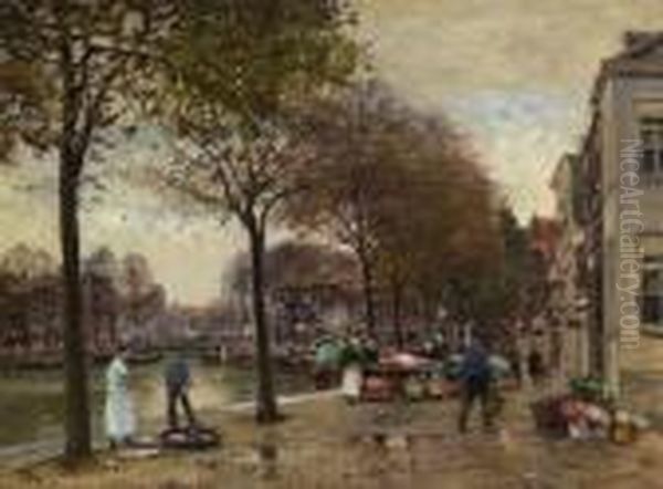 Hollandischer
 Blumenmarkt. Oil Painting by Heinrich Hermanns