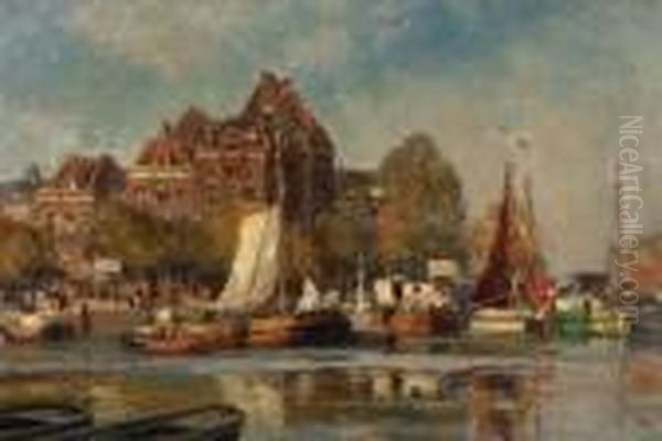 Hauserzeile An Einem Kanal In
 Niederlandischer Stadt Oil Painting by Heinrich Hermanns
