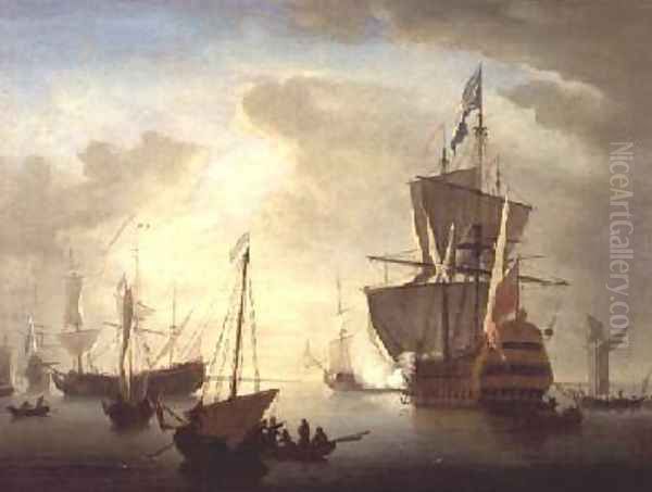 British Man-o-War Firing a Salute Oil Painting by Peter Monamy