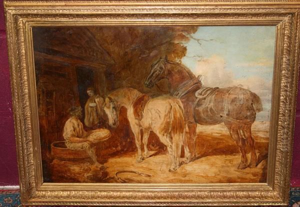 Field Workers Outside A Cottage With Two Plough Horses Oil Painting by John Frederick Herring Snr