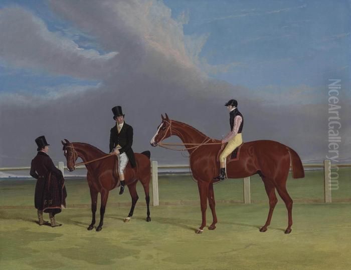 The Colonel With William Scott 
Up And John Scott On A Dark Bay Hack, With Groom, Doncaster Racecourse 
Beyond Oil Painting by John Frederick Herring Snr