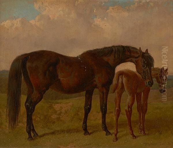 Mare And Foal In A Landscape Oil Painting by John Frederick Herring Snr