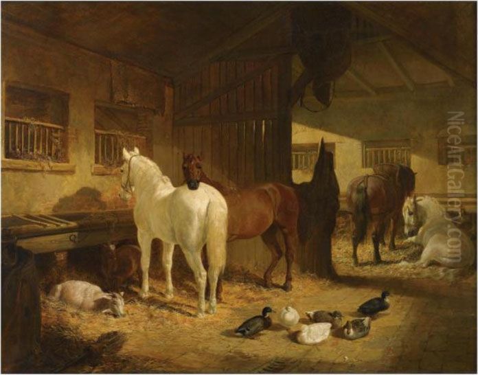Four Horses In A Barn Oil Painting by John Frederick Herring Snr