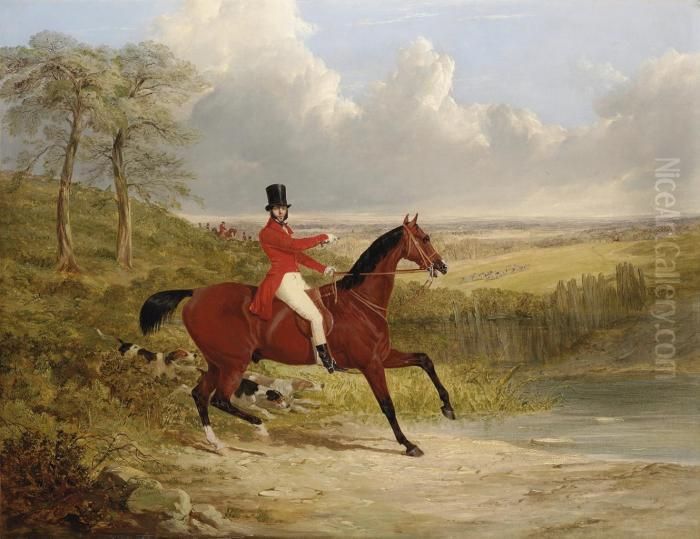 A Gentleman On A Bay Hunter, In An Extensive Landscape, A Stag Huntin Progress Beyond Oil Painting by John Frederick Herring Snr