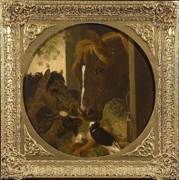 Horses In A Stable With Dove And Goat Oil Painting by John Frederick Herring Snr