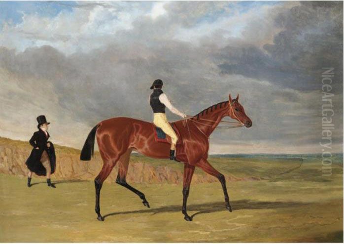The Hon. Edward Petre's Bay Filly 
Matilda
, Winner Of The 1827 St Leger, With James Robinson Up And Trainer Jonathan Scott Oil Painting by John Frederick Herring Snr