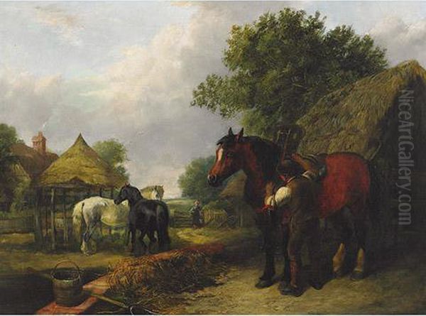 Farmer Harnessing A Draft Horse In Farmyard Oil Painting by John Frederick Herring Snr