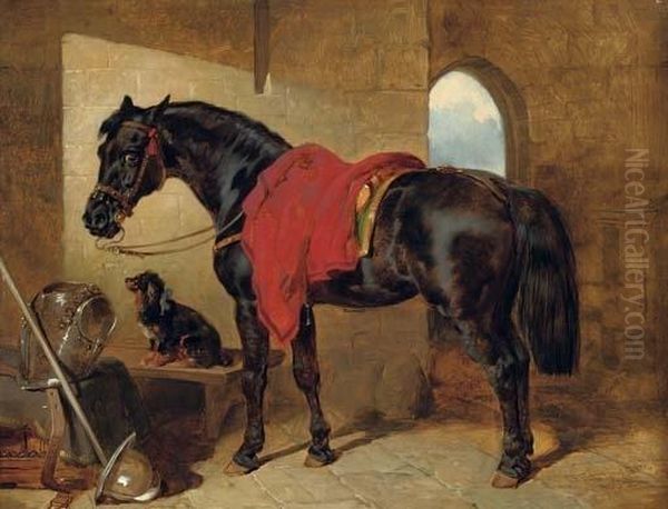 The Cavalier's Charger, Saddled 
And Draped With A Crimson Cloth, A King Charles Spaniel With A Blue Bow 
Around Its Neck, A Cuirass, Pike-handle And Helmet On The Ground To The 
Left Oil Painting by John Frederick Herring Snr