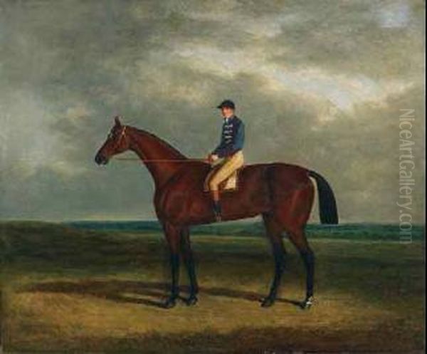 A Chestnut Racehorse With Jockey Up In An Extensive Landscape Oil Painting by John Frederick Herring Snr