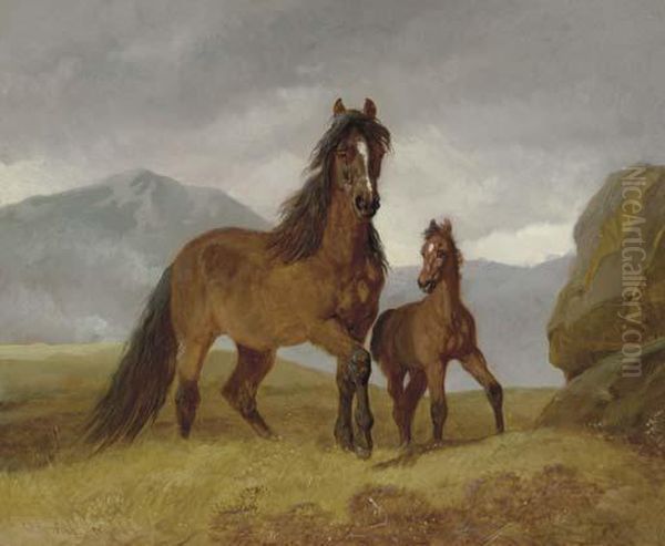 A Welsh Mountain Mare And Foal In An Upland Landscape Oil Painting by John Frederick Herring Snr