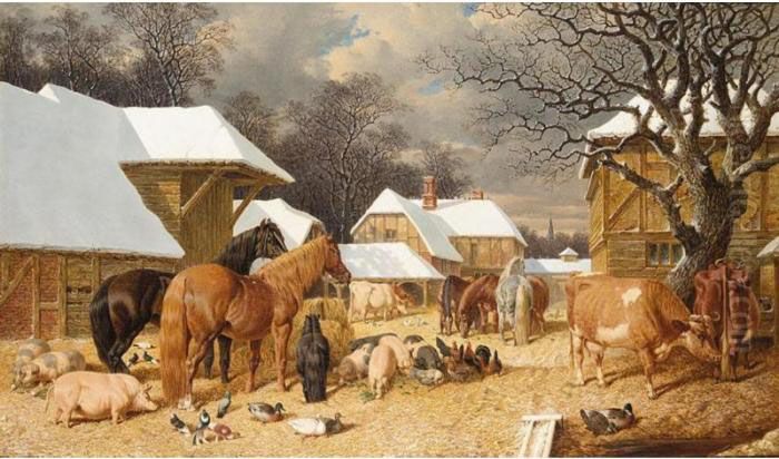 Winter In The Farmyard Oil Painting by John Frederick Herring Snr