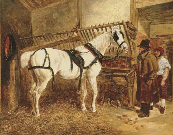 St. Giles, A Grey Coach Horse In A Stable With Grooms Oil Painting by John Frederick Herring Snr