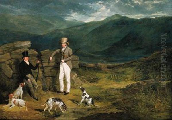 John Barker Of Leighton Hall, Yorkshire And John Batsby, Withpointers On A Grouse Moor Oil Painting by John Frederick Herring Snr