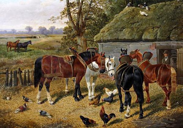 Horses, Chickens And Birds By A Barn Oil Painting by John Frederick Herring Snr