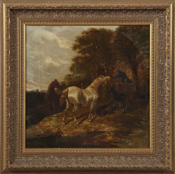 A Gray, 
Bay, 
Black Blaze And Two Foals At Fence Oil Painting by John Frederick Herring Snr