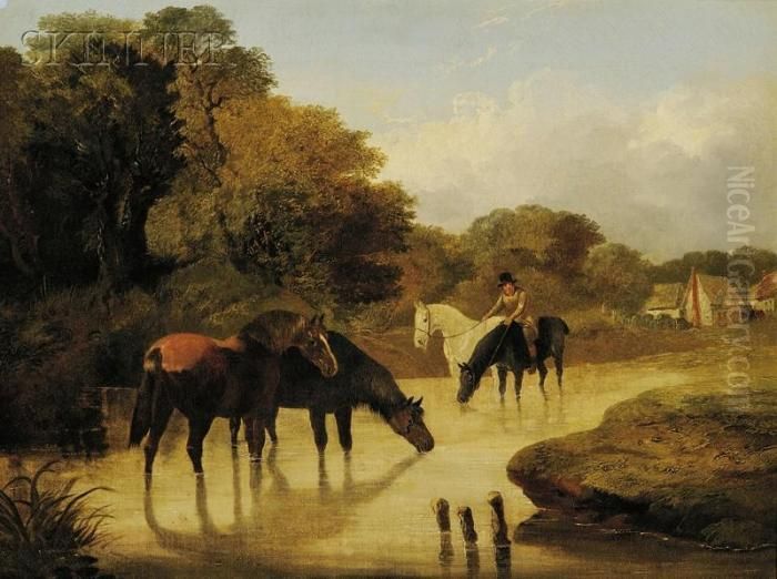 Horses Watering By The River Bend Oil Painting by John Frederick Herring Snr