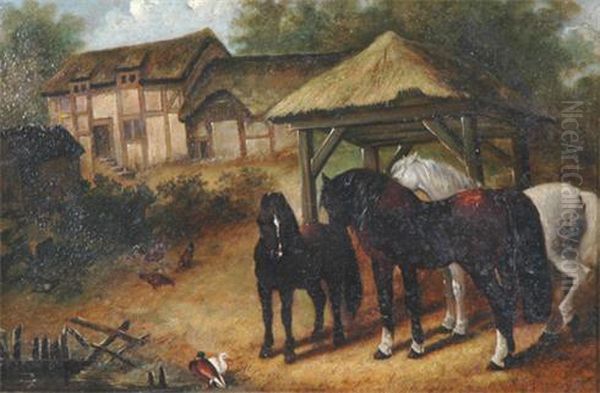 Farmyard Scene With Horses, Chickens & Ducks Oil Painting by John Frederick Herring Snr