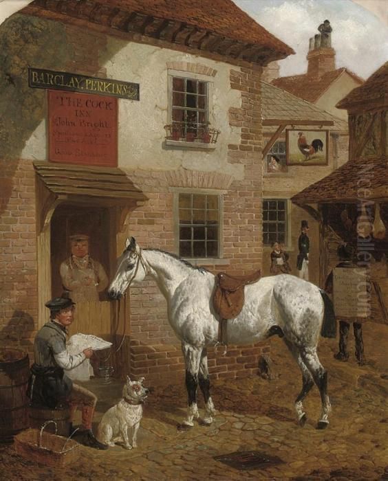 A Grey Hunter Before An Inn Oil Painting by John Frederick Herring Snr