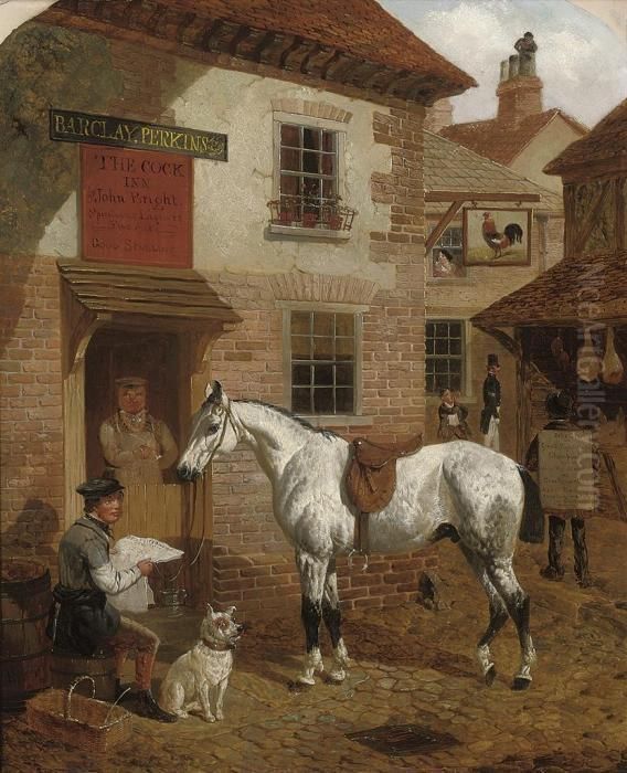 Figures And A Grey Stallion Before The Cock Inn Oil Painting by John Frederick Herring Snr