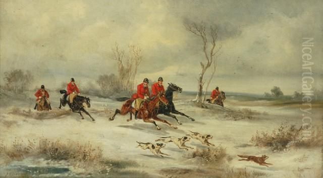 Jnr Winter Hunting Scene Oilon 
Canvas Signed 'j.f. Herring' Lower Left 38 X 67 Cm Provenance:leonard 
Joel Melbourne C.1965 Private Collection Melbourne Oil Painting by John Frederick Herring Snr