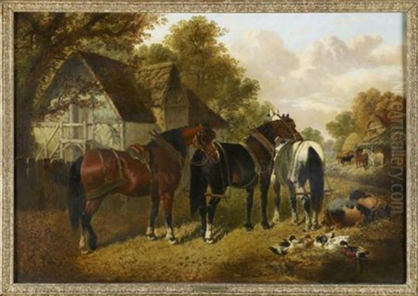 A Busy Farmyard Scene Oil Painting by John Frederick Herring Snr