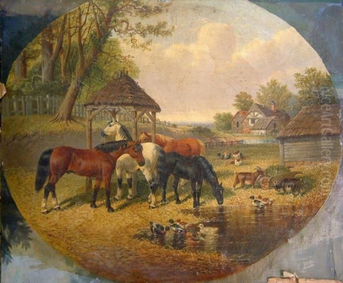 Horses And Ducks In A Farmyard Oil Painting by John Frederick Herring Snr