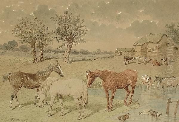 Farmyard Scene With Horses, Cows
 And Ducks; Winter Farmyard Scene With Horses, Pigs And Chickens Oil Painting by John Frederick Herring Snr