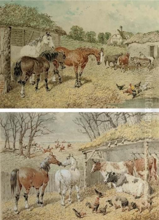 Horses, Cattle, Pigs And 
Chickens In A Byre With A Hunt Beyond; And Horses And Chickens By A 
Farmyard Pond Oil Painting by John Frederick Herring Snr
