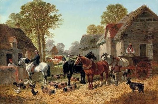 Draught Horses And A Cart, With 
Figures, Pigs And A Goat In A Farmyard, Cows In A Pasture Beyond Oil Painting by John Frederick Herring Snr