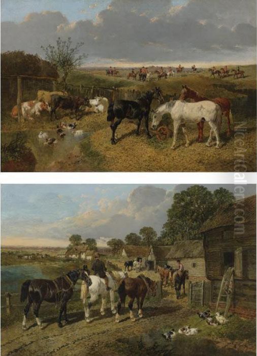 The Passing Hunt And Returning To The Stableyard (a Pair) Oil Painting by John Frederick Herring Snr