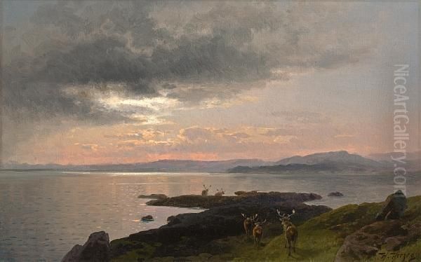 Twighlight Over A Lake Oil Painting by Herman Herzog