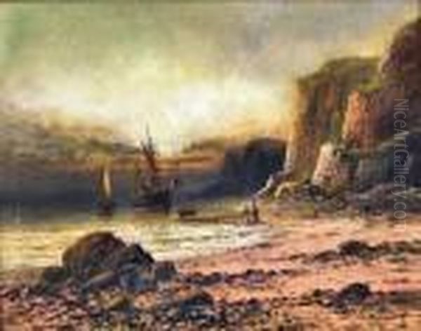 Oilpainting - Coastal Scene At 
Sunset With Beached Fishing Boat Andtwo Fishermen On Beach To Foreground Oil Painting by Frank Hider