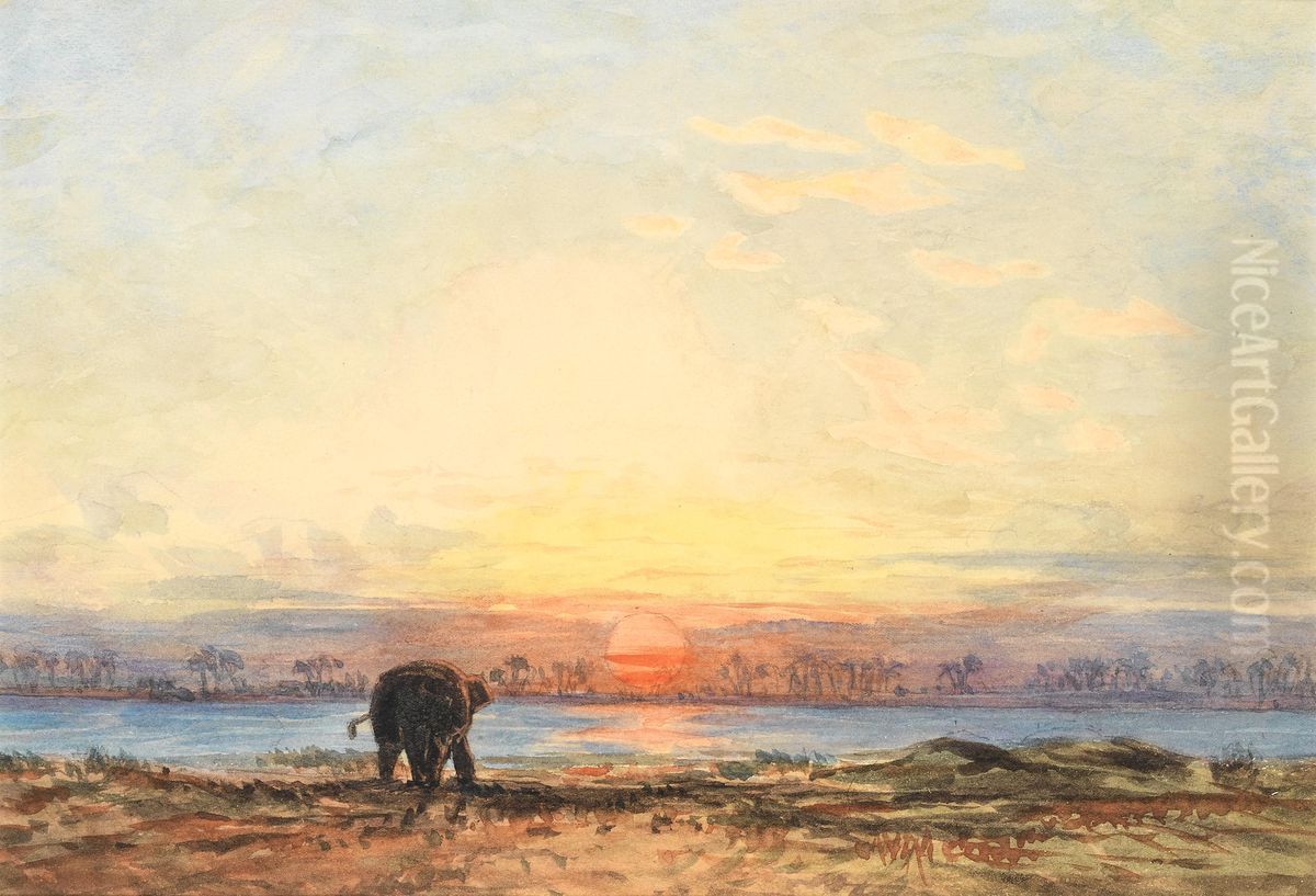 An Elephant At Dusk Oil Painting by Eduard Hildebrandt