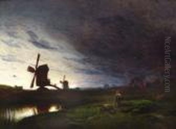 Weite Landschaft Mit
 Windmuhlen Oil Painting by Eduard Hildebrandt