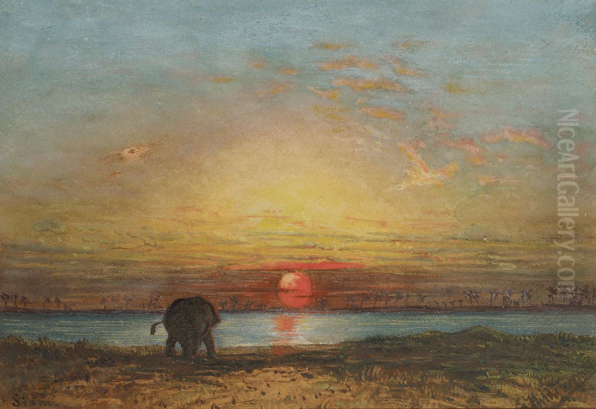 An Elephant At Sunset, Thailand Oil Painting by Eduard Hildebrandt